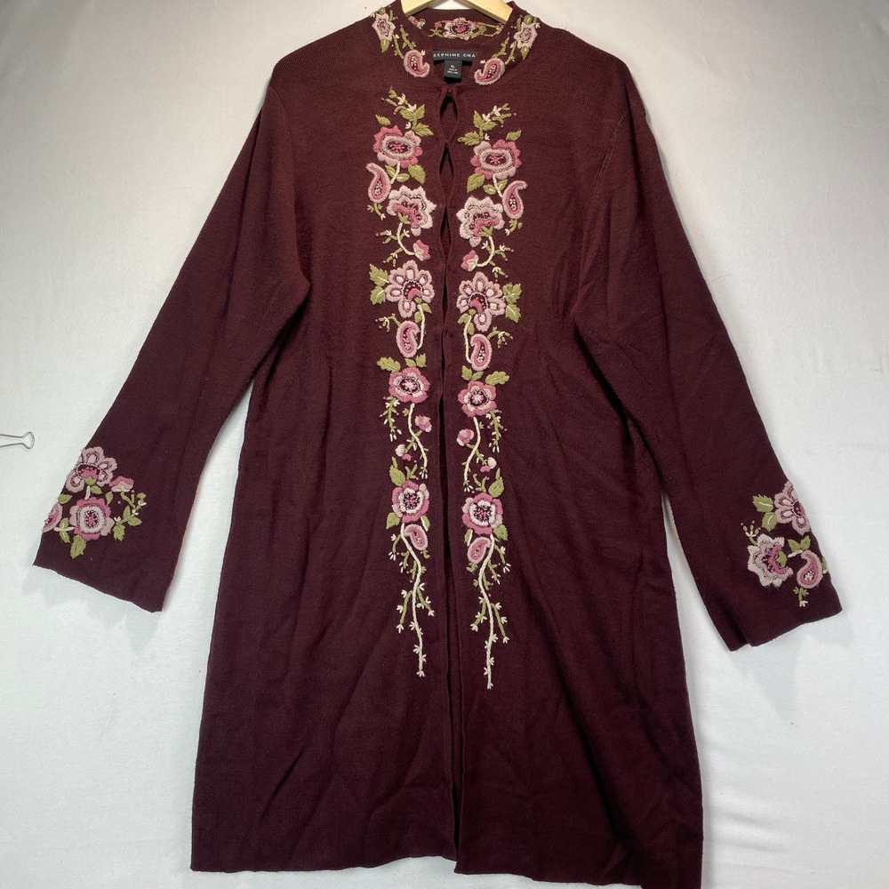 Josephine Chaus Embroidered Overlay Dress Cardigan Women XL Burgundy Wool Blend - Picture 1 of 11